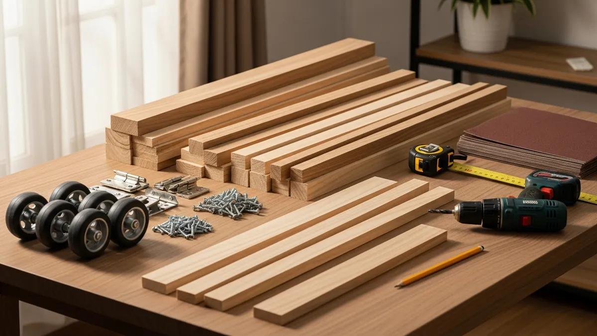 Materials and tools for making a DIY mini kitchen island at home