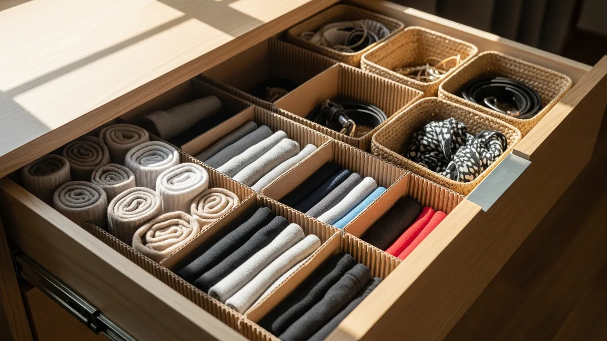 DIY bedroom drawer organizer tutorial with cardboard dividers for neatly storing underwear