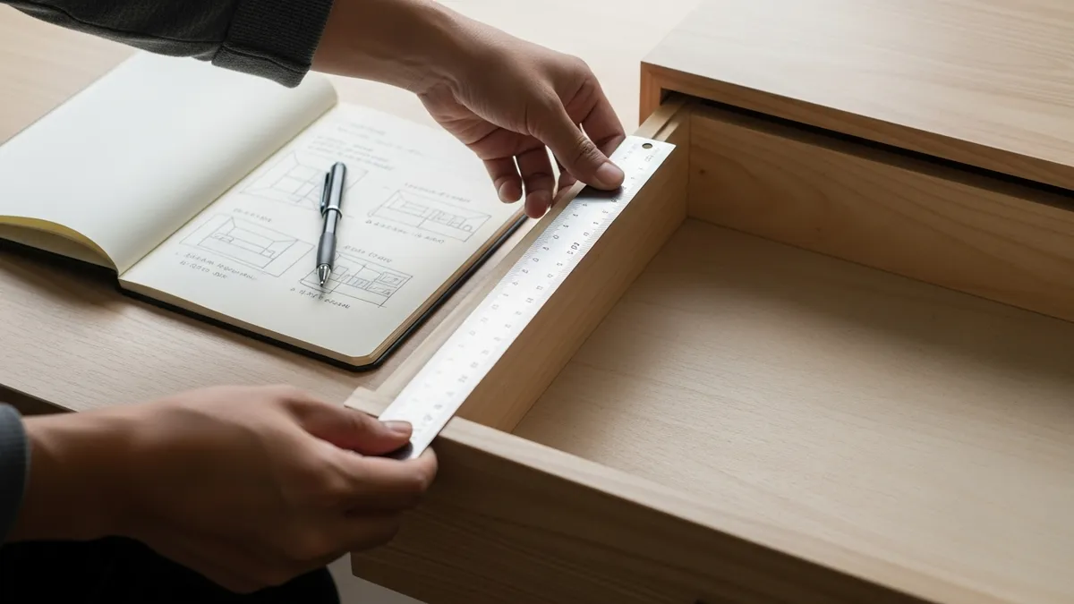 Process of measuring bedroom drawer dimensions with a ruler to make a DIY organizer