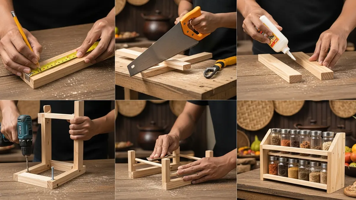 Step-by-step process of making a DIY spice rack with detailed work procedures