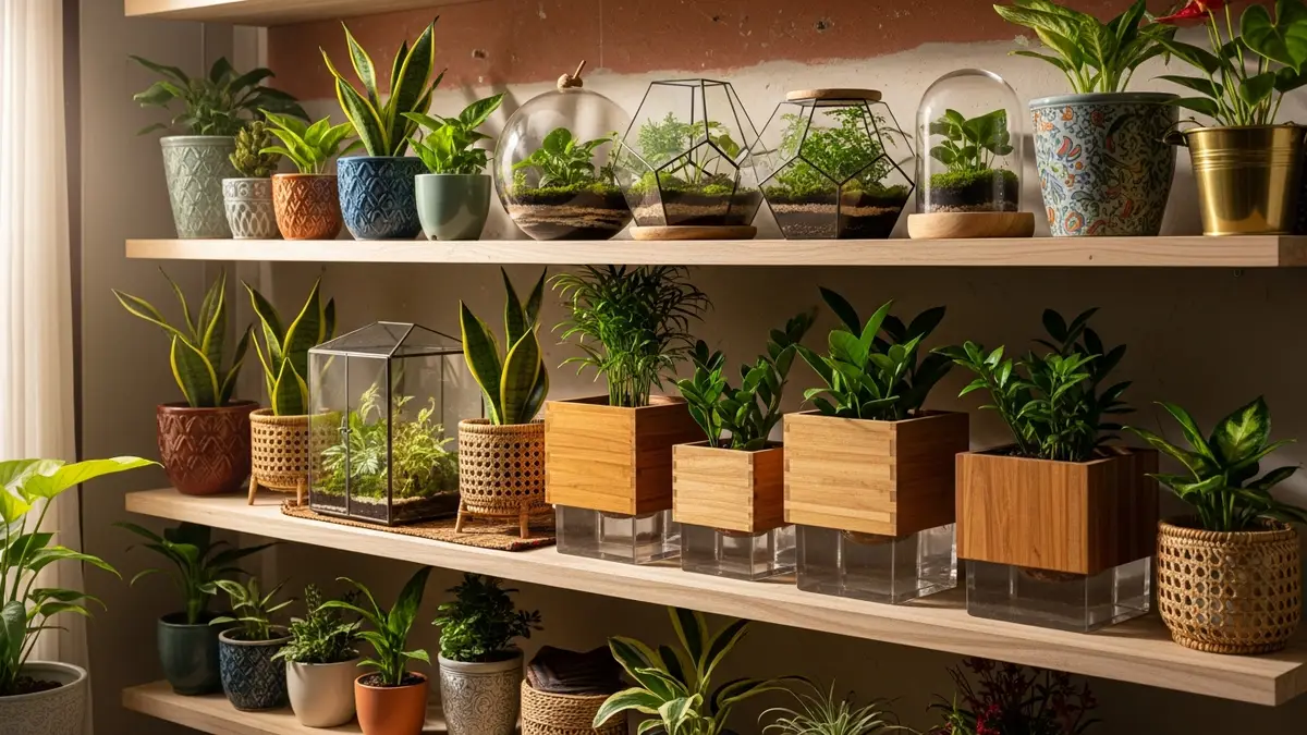 Various plant containers and pots neatly arranged with proper drainage systems