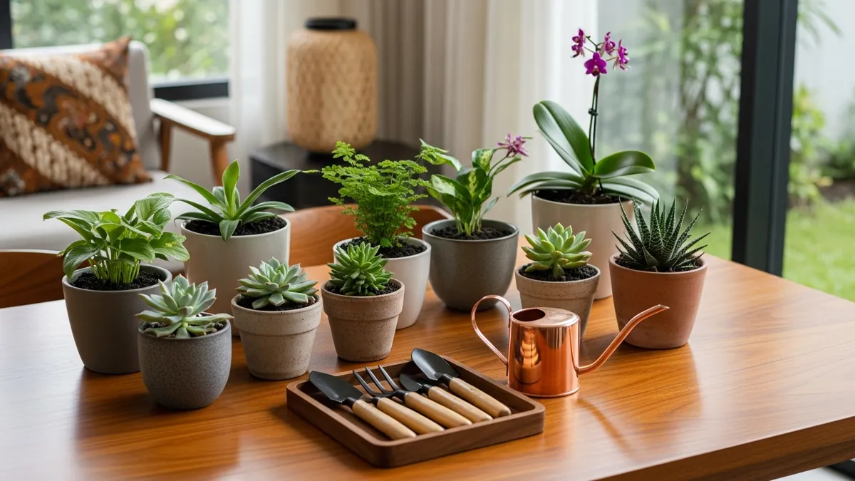 Indoor mini garden with various decorative plants neatly arranged on a wooden table with gardening tools