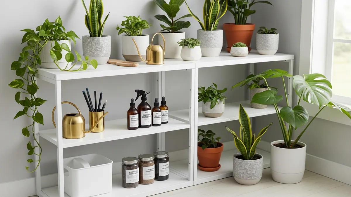 DIY plant care station with organized shelving and plant care supplies