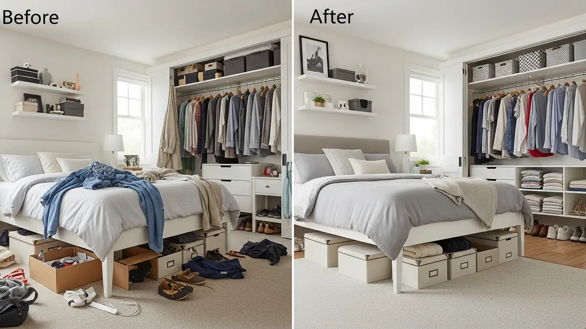 Bedroom organization transformation using various storage box solutions