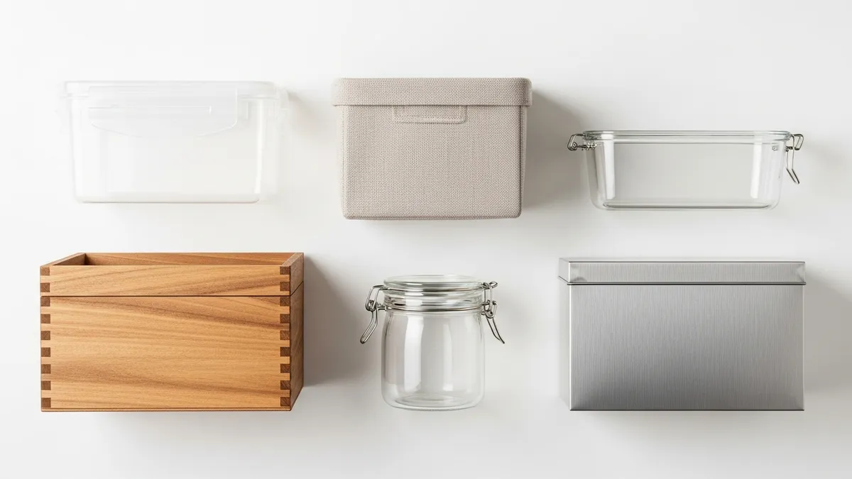 Different types of storage boxes including plastic, fabric, wooden and glass containers