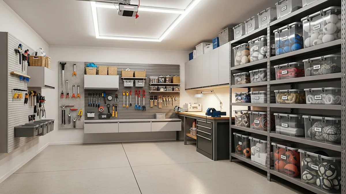 Well-organized garage with various storage solutions for the garage including wall shelves and storage containers