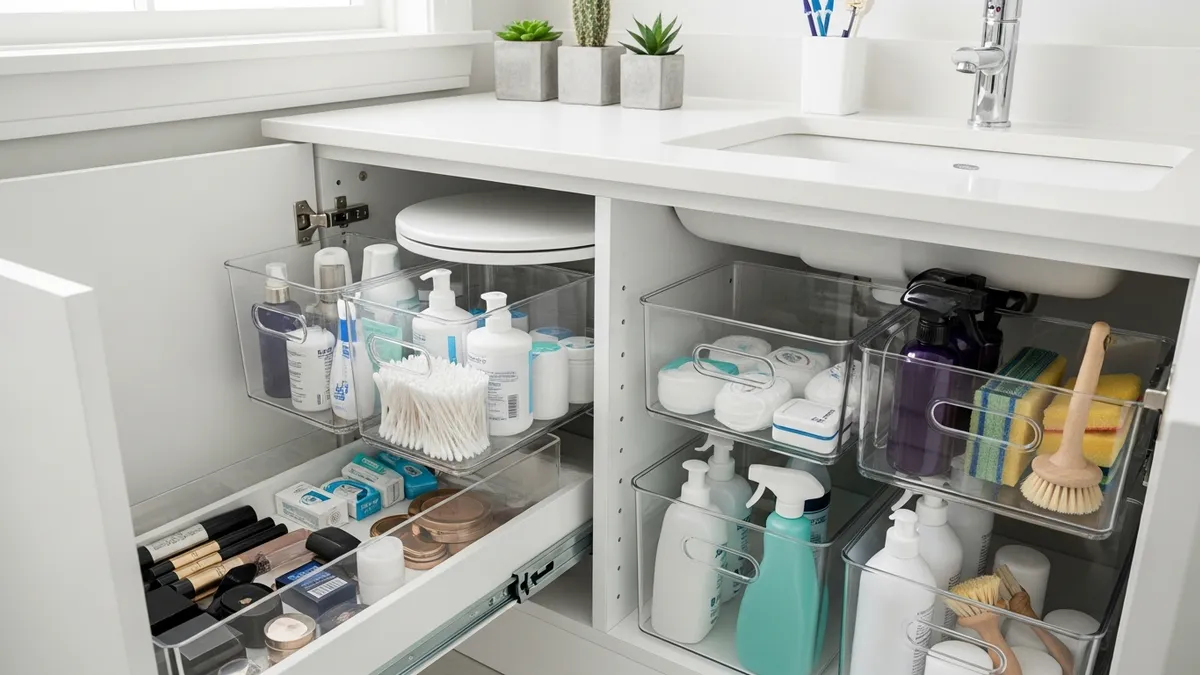 Organized under bathroom sink cabinet with clear bins, pull-out drawers, and neatly arranged toiletries