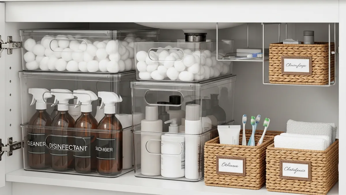 Clear stackable bins and labeled baskets under bathroom sink for organized toiletry storage