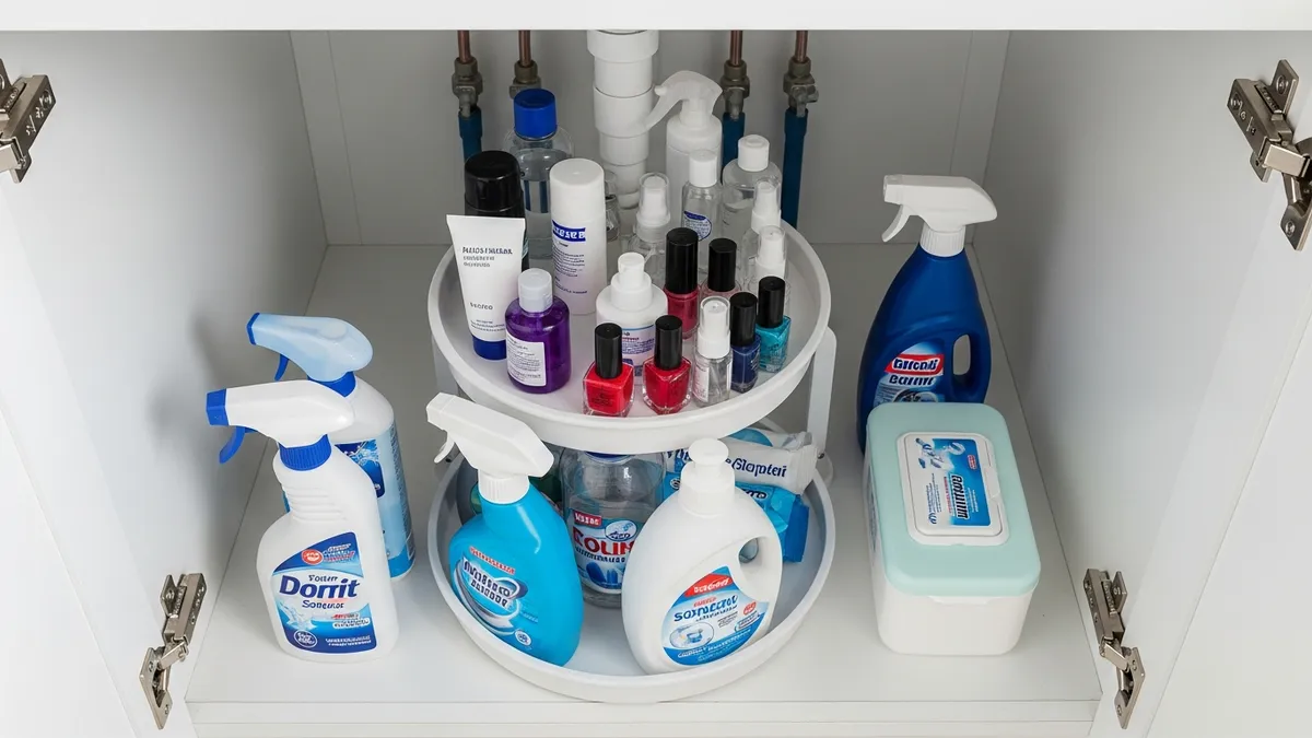 Lazy susan turntable organizer inside under bathroom sink cabinet holding cleaning products