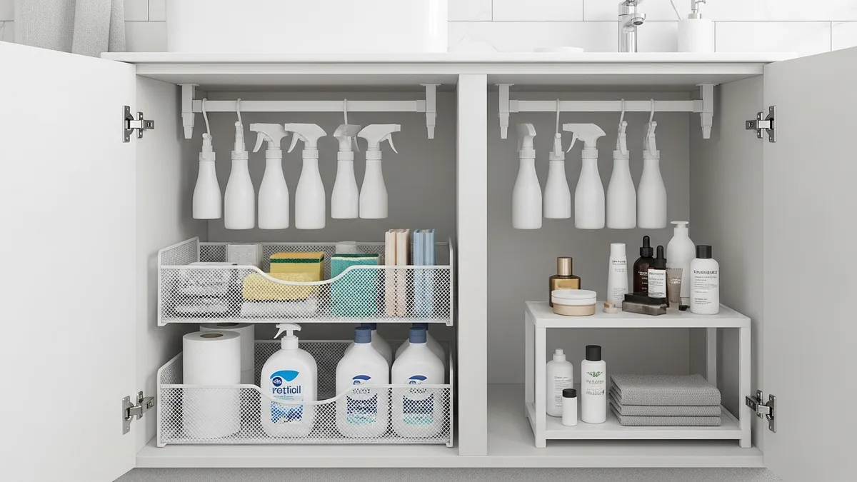 Tension rod holding spray bottles and pull-out mesh drawers as under bathroom sink organization solutions