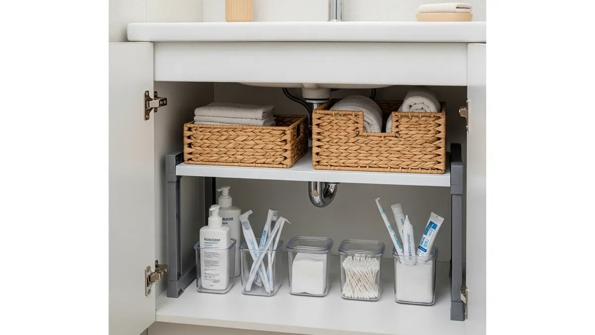 Two-tier adjustable shelf and woven baskets used for under bathroom sink organization in a small bathroom