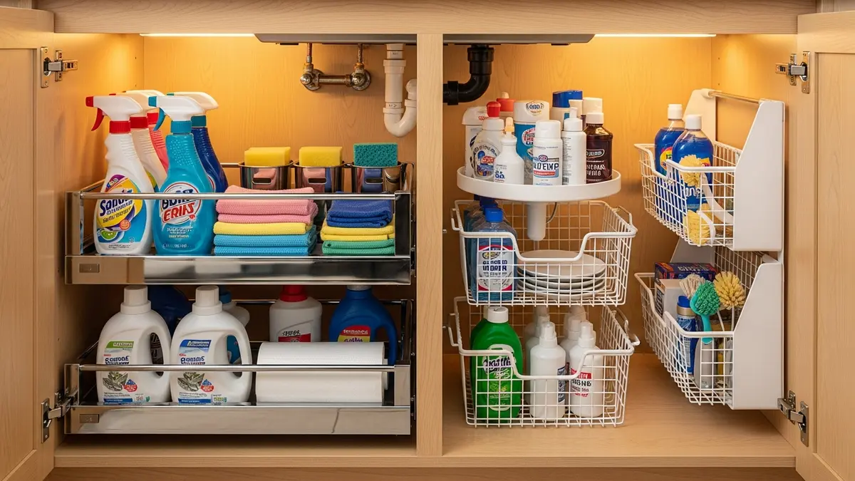 Neatly organized under kitchen sink cabinet with wire baskets and pull-out drawers