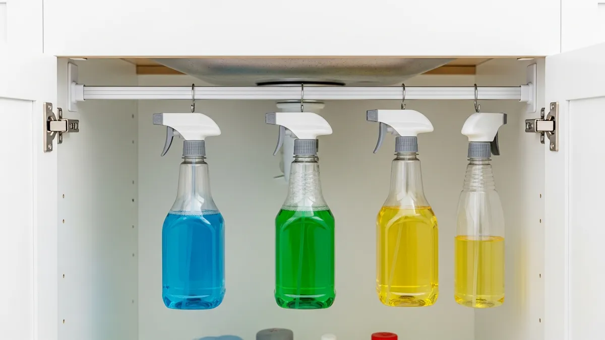 Tension rod under kitchen sink holding spray cleaning bottles for easy organization