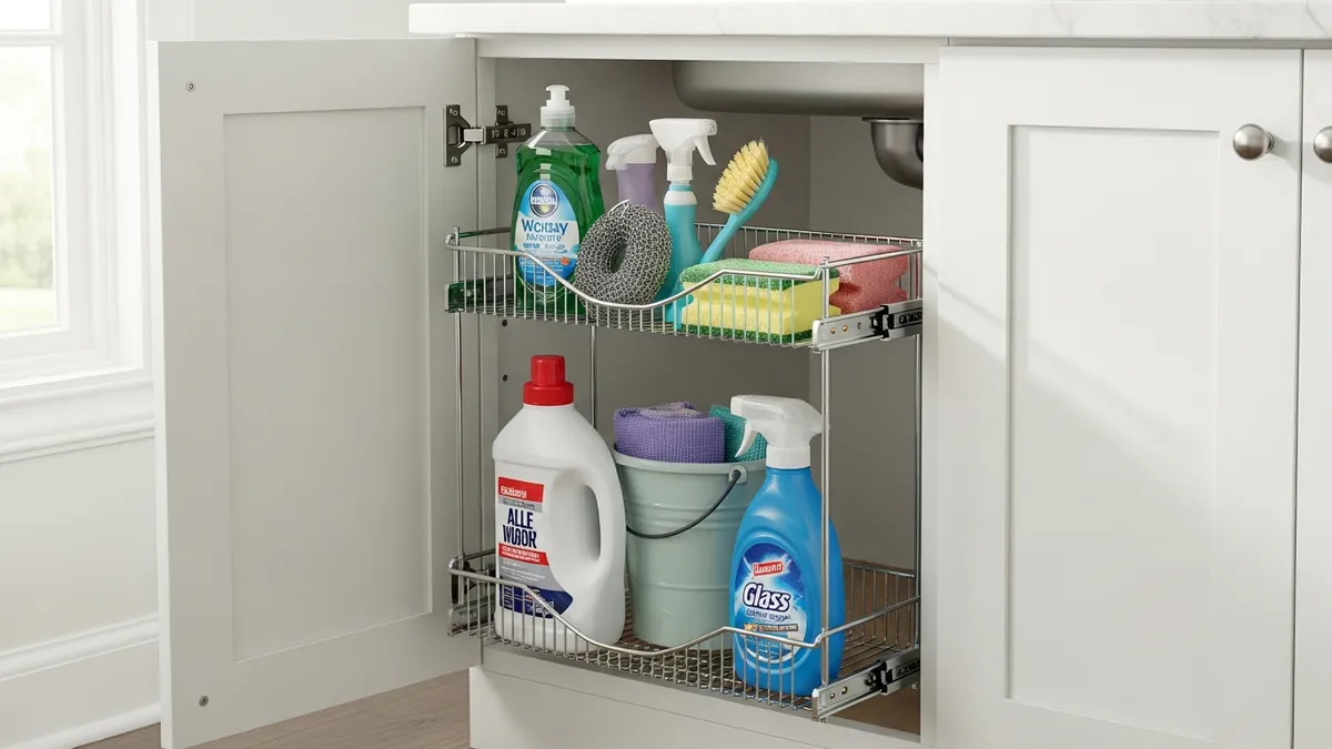 Two-tier pull-out organizer under kitchen sink storing cleaning supplies and dish soap