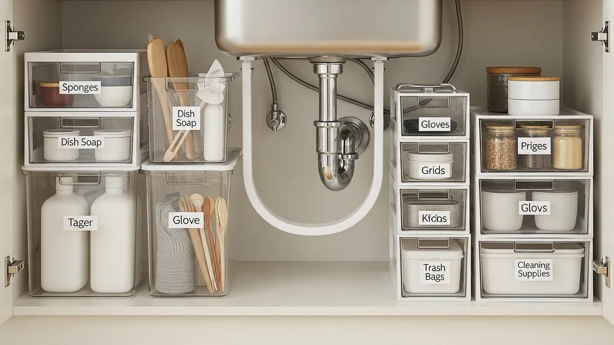 Clear labeled bins and U-shaped shelf organizing products under kitchen sink around pipes