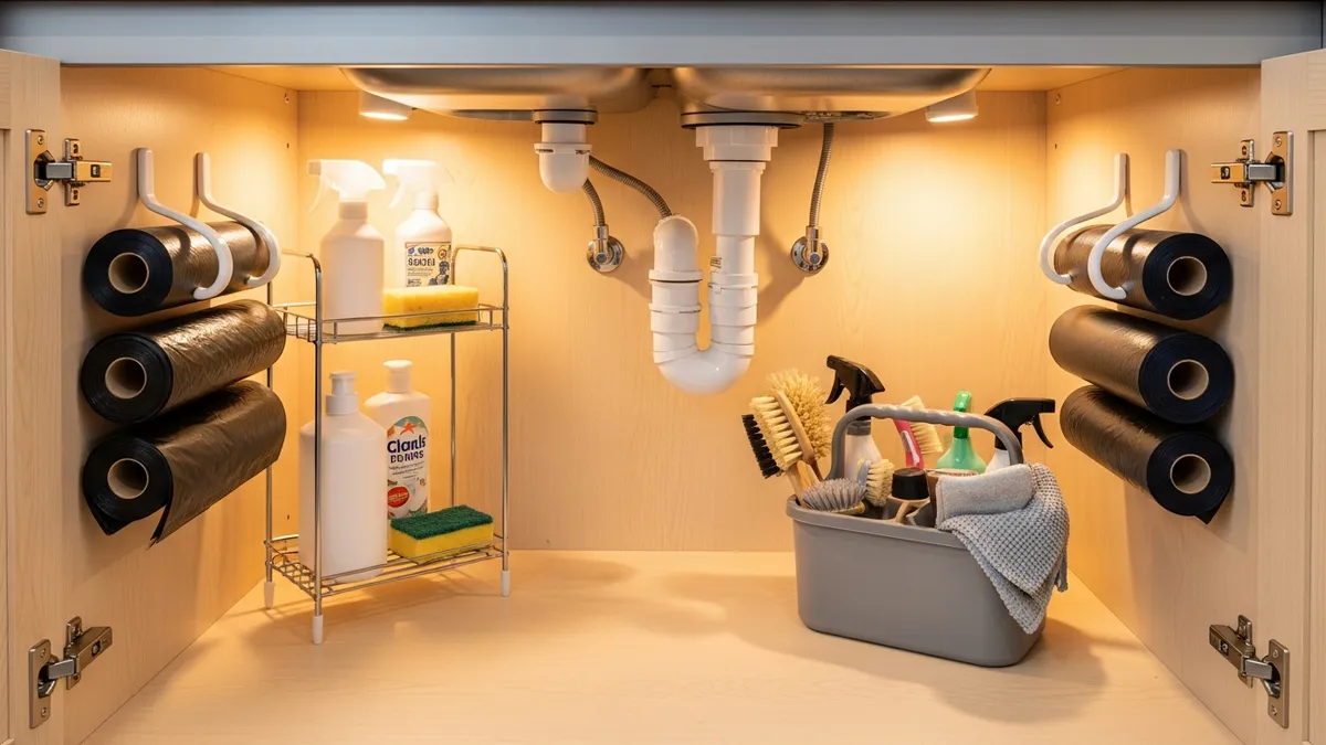 Door-mounted hooks and freestanding rack for under kitchen sink storage organization