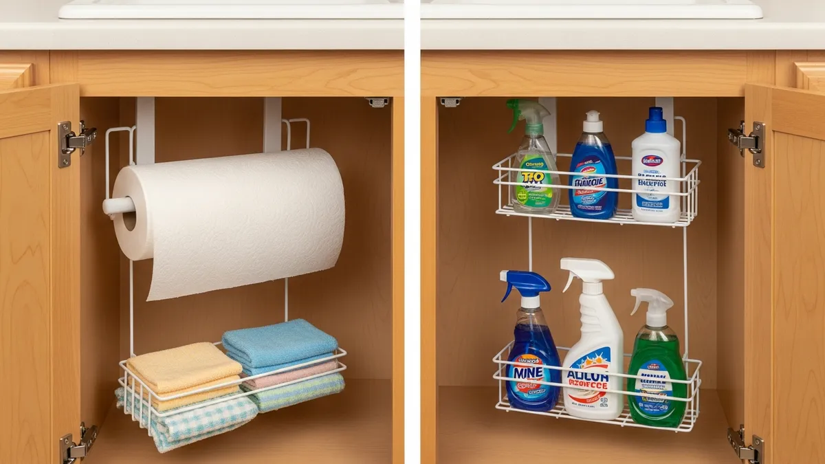 Cabinet door mounted organizers for under sink storage solutions