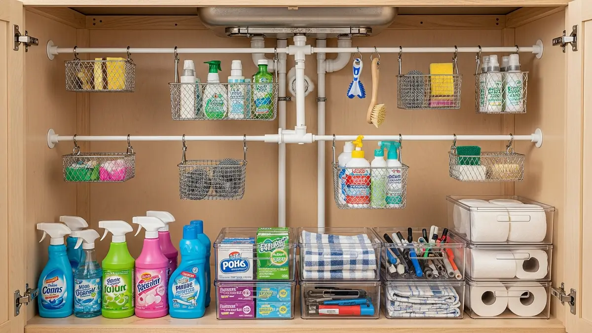 DIY under kitchen sink organization with tension rods and hanging storage