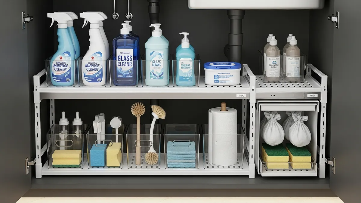 Expandable under sink shelving organizer with adjustable storage compartments