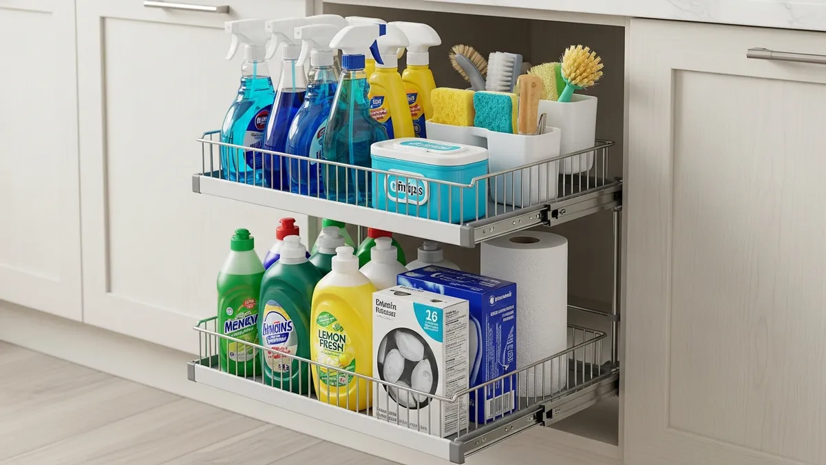 Pull-out under sink organizer with tiered storage for cleaning supplies