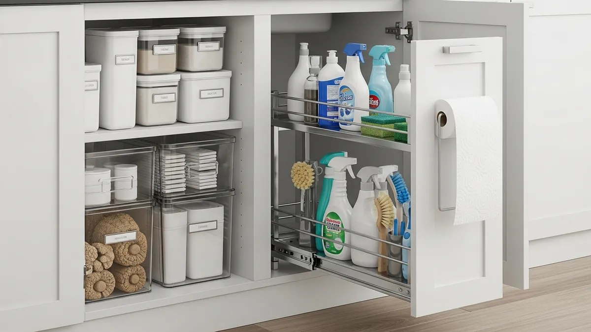 Stackable clear bins and two-tier pull-out organizer for under sink kitchen cabinet storage