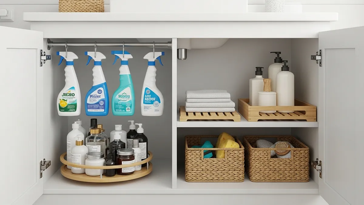 Under bathroom sink organization with tension rod, lazy susan, baskets, and bamboo shelf riser
