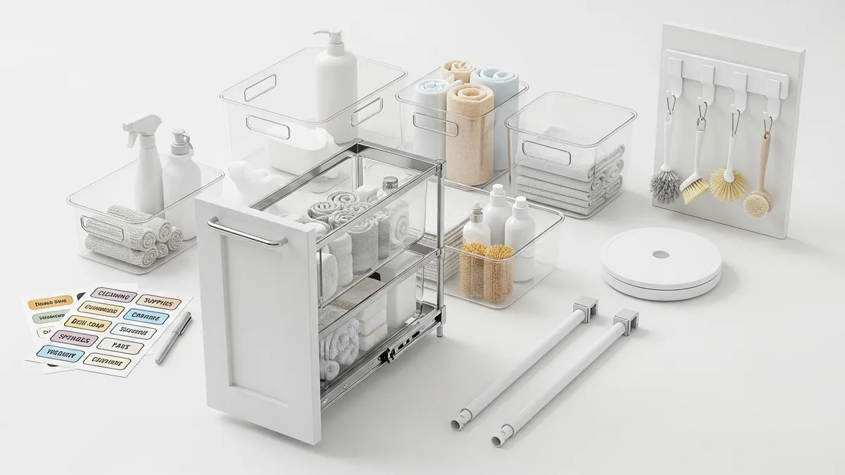Essential under sink organizer tools including pull-out bins, acrylic containers, turntable, and door-mounted hooks