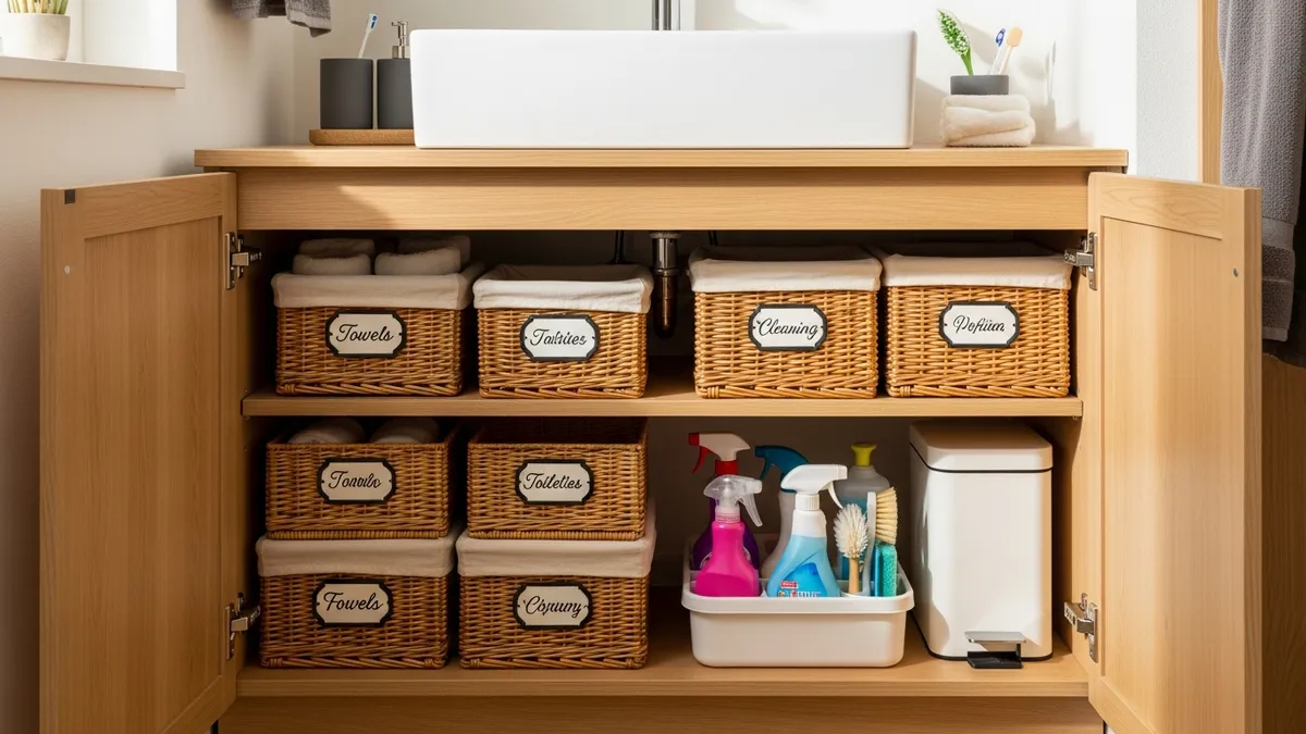 Organized under bathroom sink with labeled baskets, stacked shelf, cleaning caddy, and small trash bin