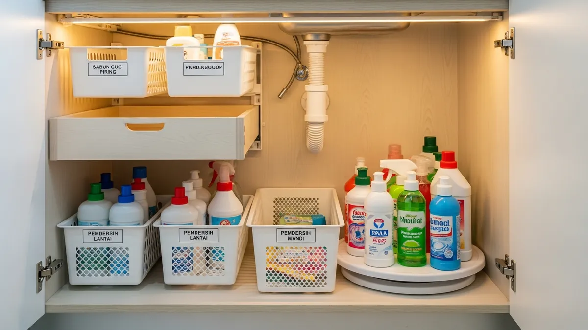 Under sink organizer ideas with pull-out drawers and wire baskets in a modern Indonesian kitchen