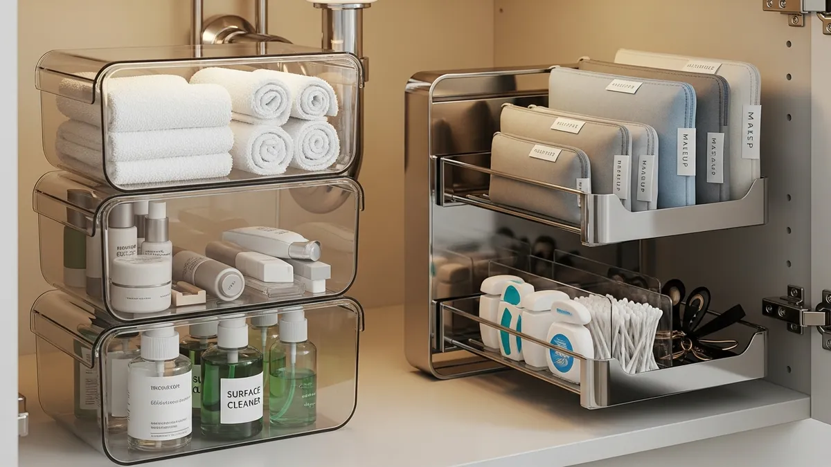 Under sink bathroom organizer with stackable bins and pull-out rack for toiletries