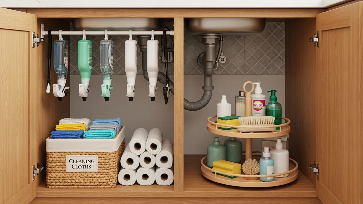 Creative under kitchen sink organizer idea using tension rod and lazy susan turntable