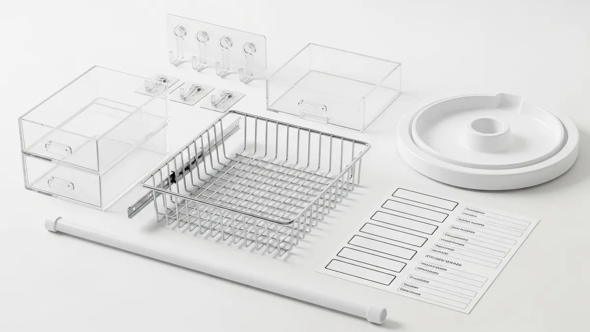 Collection of under sink organizer products including wire basket, lazy susan, and stackable drawers