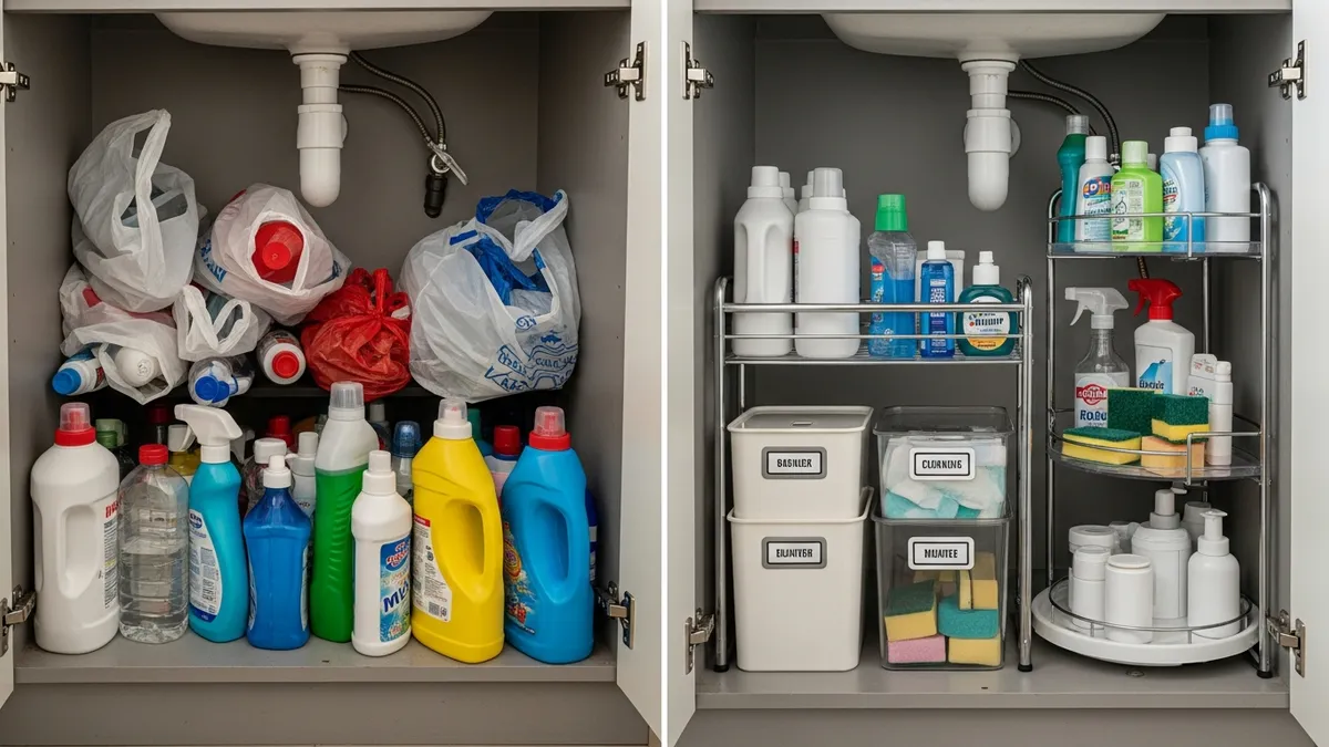 Before and after under sink cabinet organization transformation with bins and pull-out rack