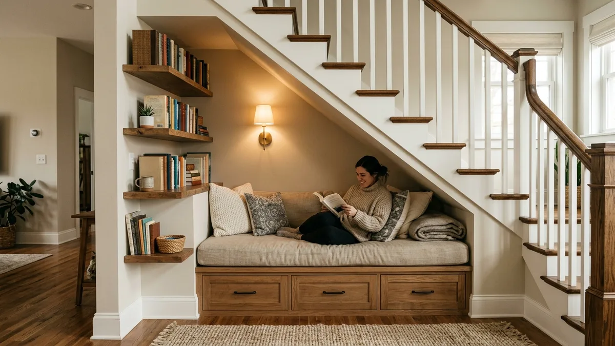 Cozy reading nook with cushioned bench and pull-out drawers built under a home staircase