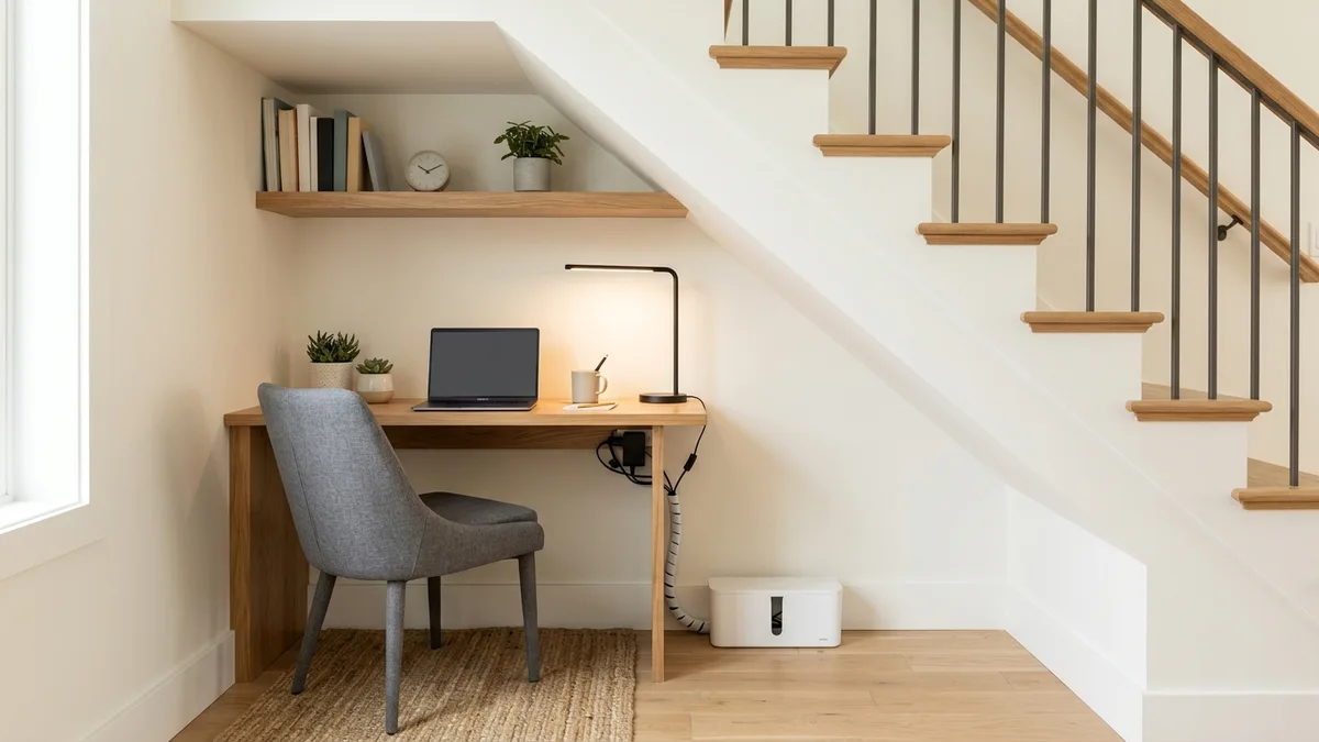 Compact home office desk and open shelving built into under staircase space in a minimalist American home