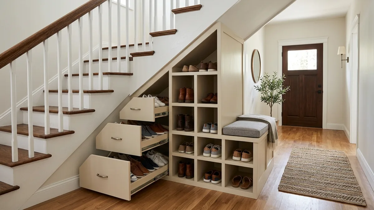Built-in under staircase shoe storage cubbies with angled pull-out drawers in a home entryway
