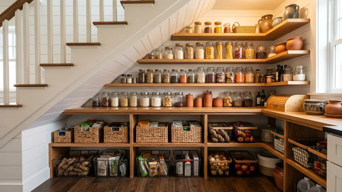 Under staircase pantry storage with open wooden shelves holding labeled baskets and food storage jars