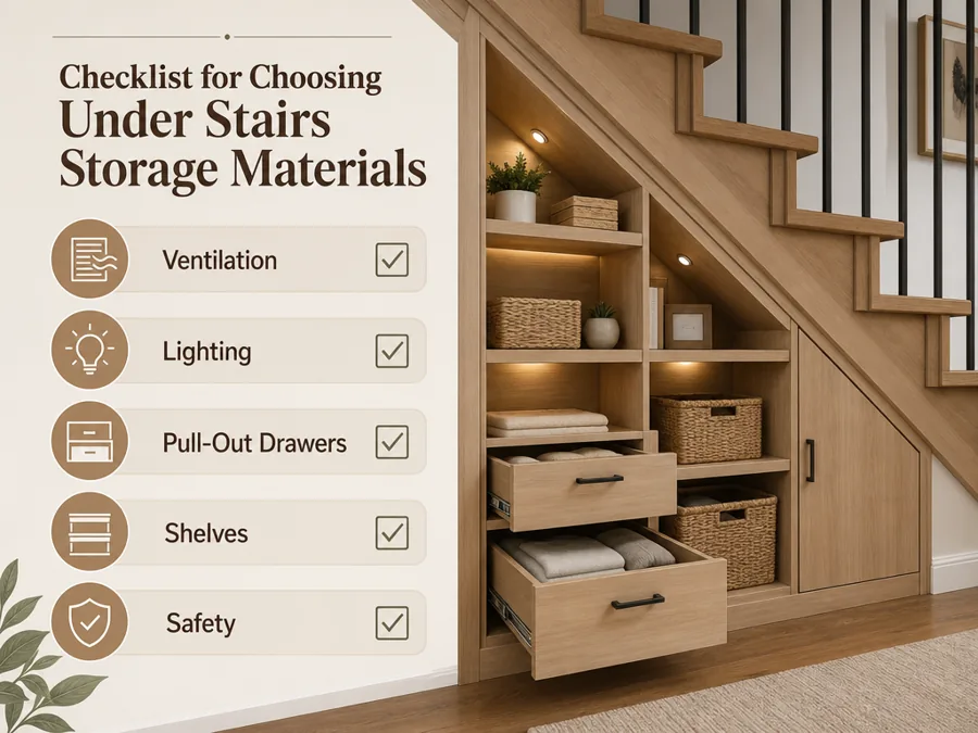 Under stairs storage material checklist with ventilation, lighting, drawers, shelves, and safety