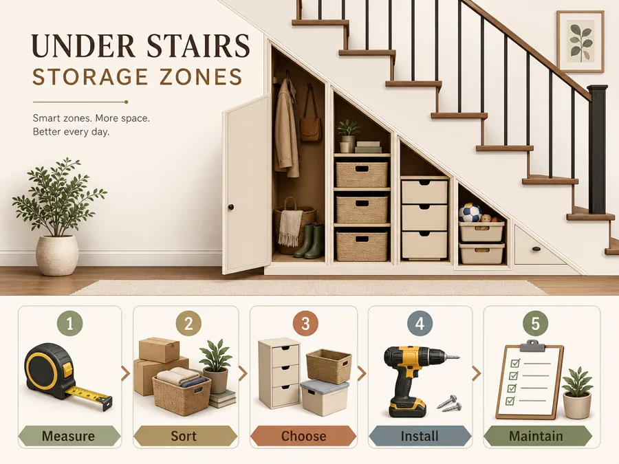 Under stairs storage planning infographic with measure, sort, choose, install, and maintain steps