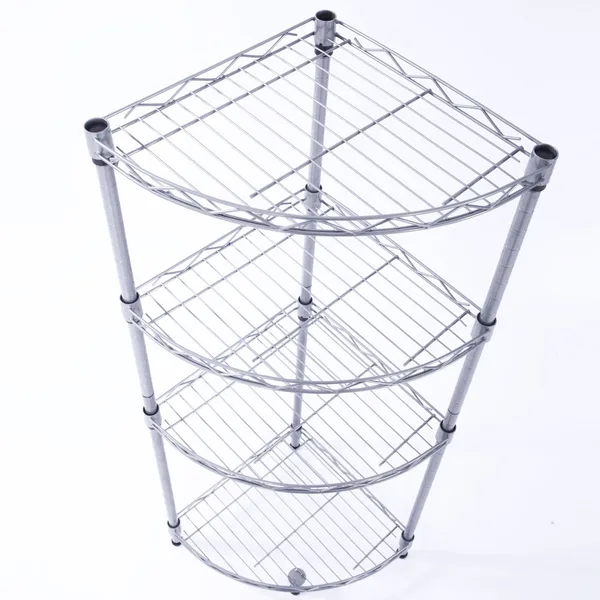 Silver four-tier corner wire shelf with quarter-round shelves that fit into a square corner. Photo: Sesoris product catalog