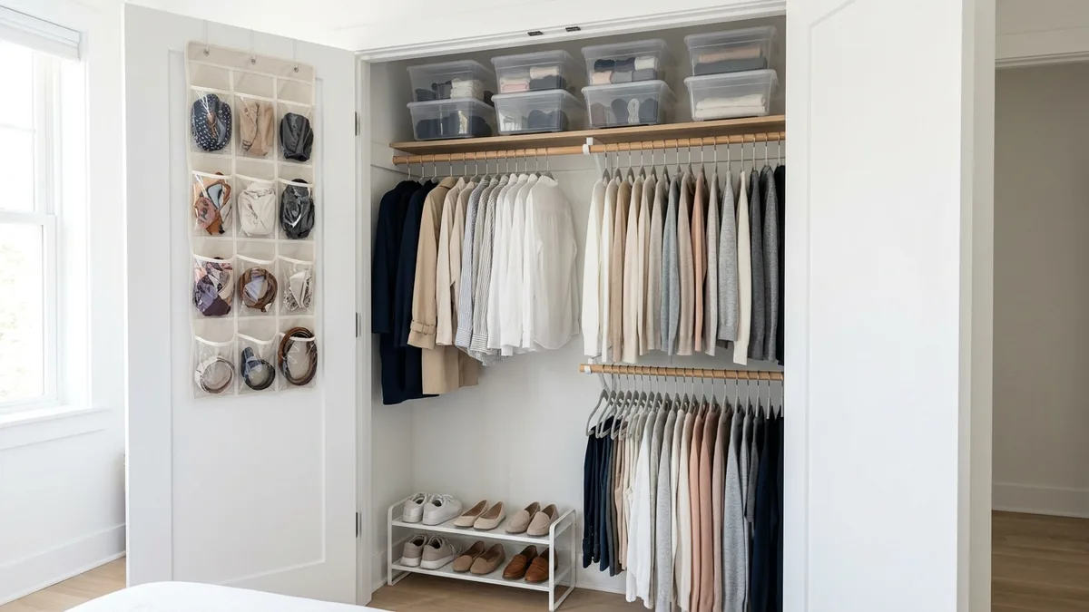 Very small closet organization ideas with double hanging rods slim hangers and clear storage bins