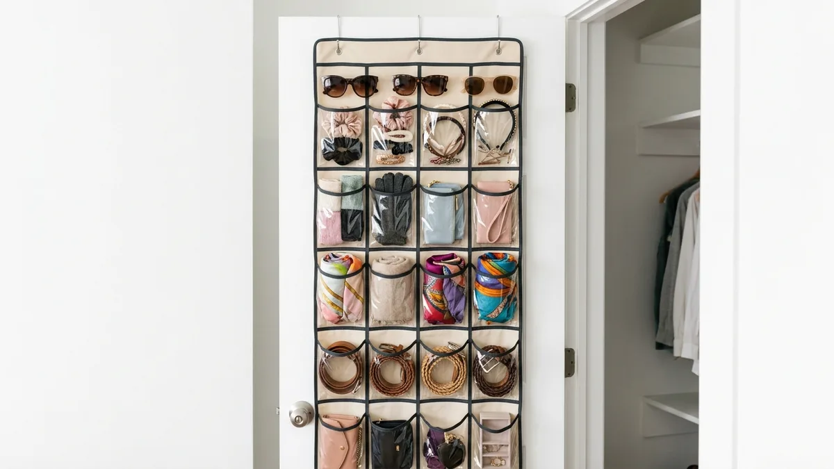 Over the door organizer on small closet door holding accessories belts and scarves