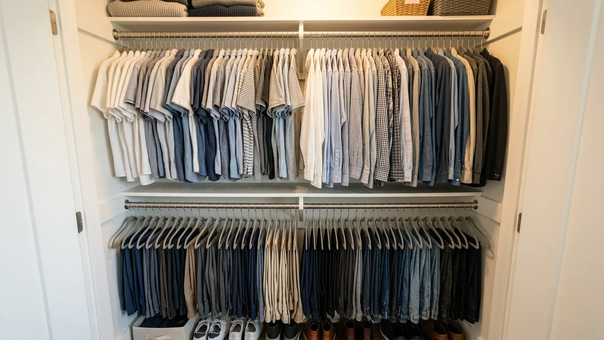 Double hang rod system in small closet maximizing vertical storage space with slim hangers