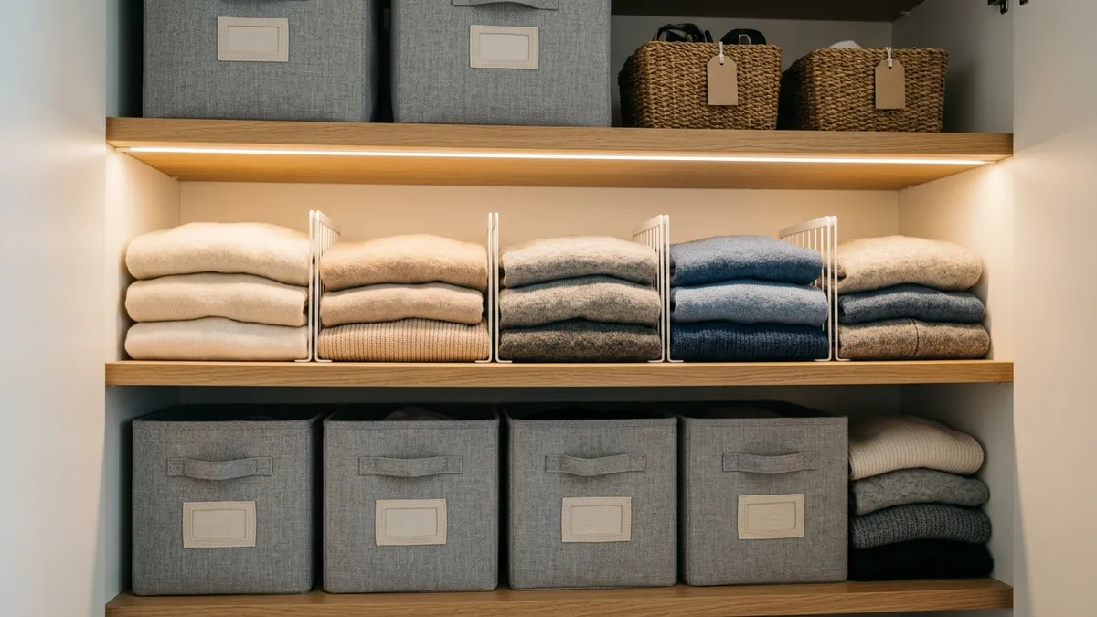 Small closet shelf organization with fabric bins shelf dividers and labeled baskets