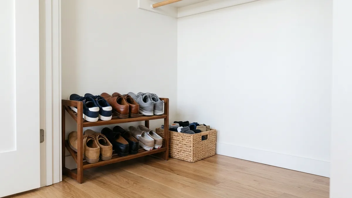 Compact angled shoe rack on small closet floor with wicker storage basket