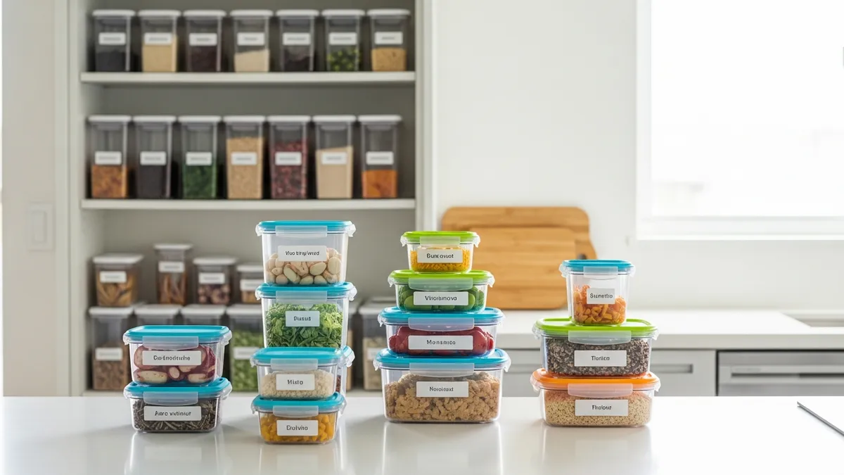 Modern plastic food containers organized on kitchen counter and pantry shelves for optimal food storage