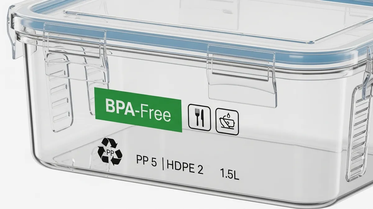 BPA-free plastic food container with safety labels and recycling symbols for safe food storage