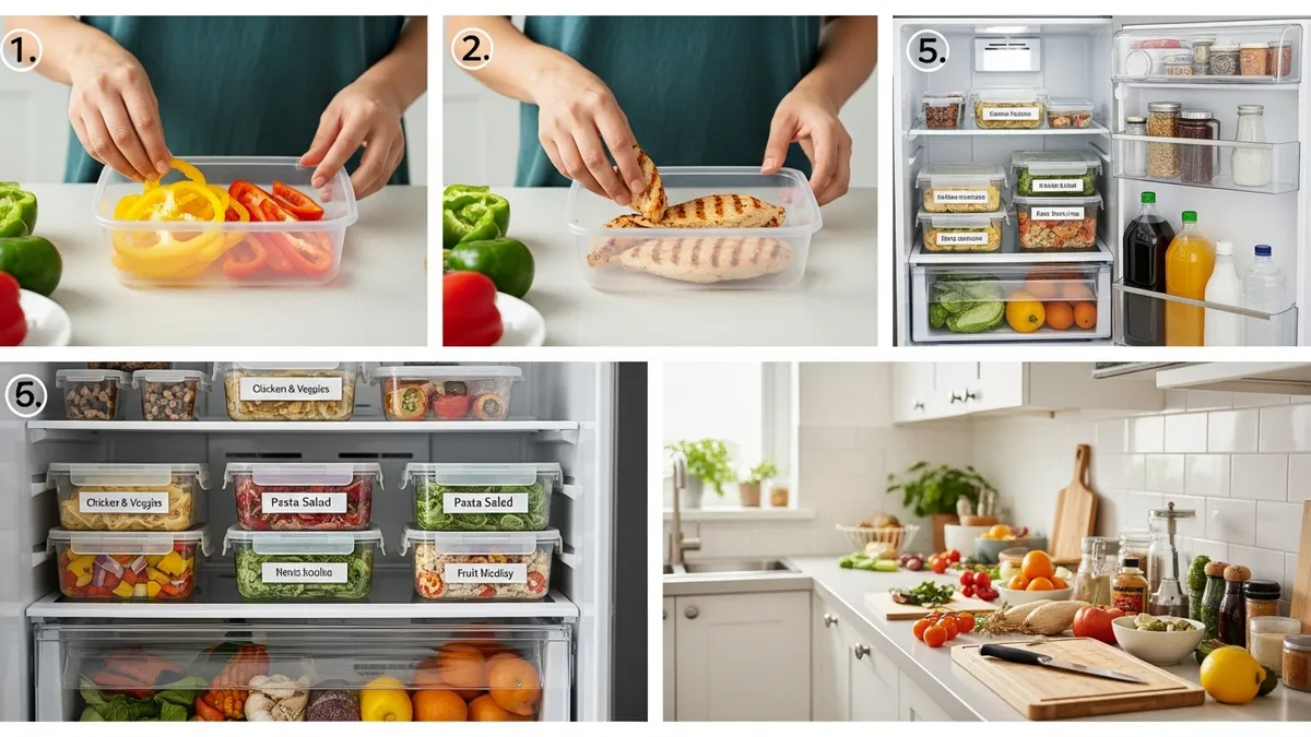 Tutorial demonstration of proper food storage techniques using plastic containers for meal prep organization