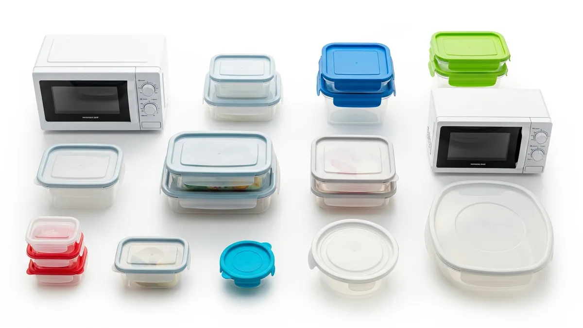 Collection of different plastic food container types showing various sizes and functions for kitchen organization