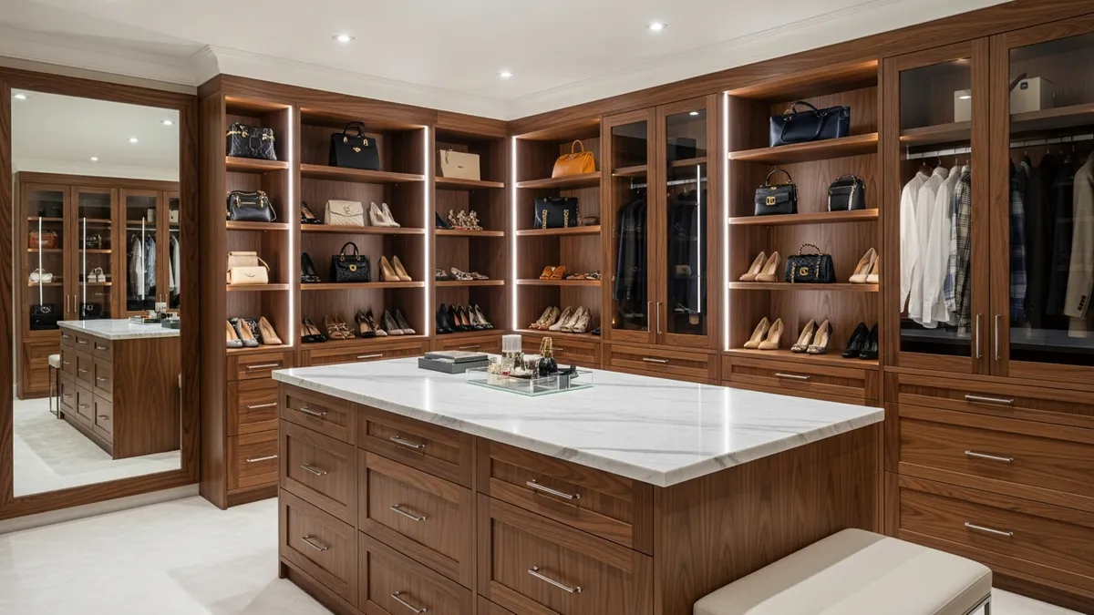 Luxury walk-in closet with custom storage solutions and elegant organization system